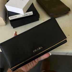 Prada Black Saffiano Leather Continental Wallet with Gold Trim
